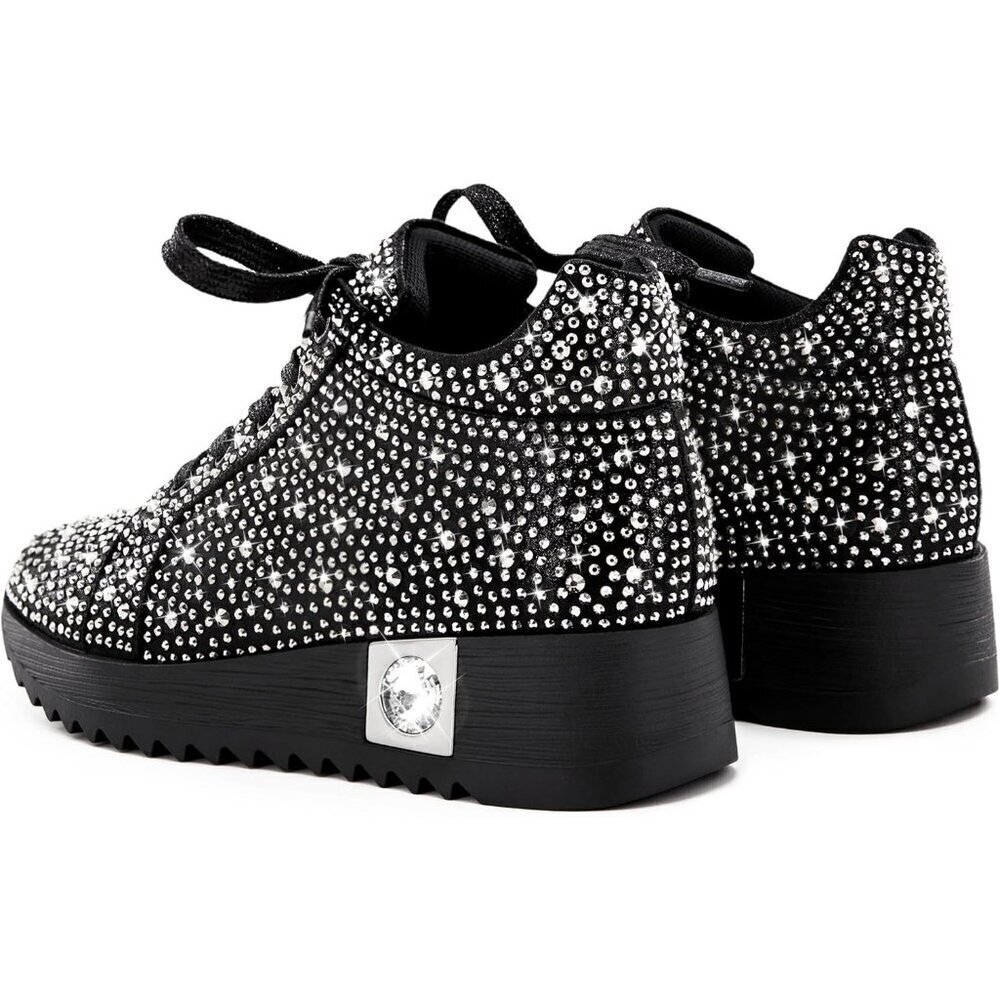 Women's Black Glitter Trendy Sequin Rhinestone High Top Sneakers Wedge Shoes - Picture 5 of 5